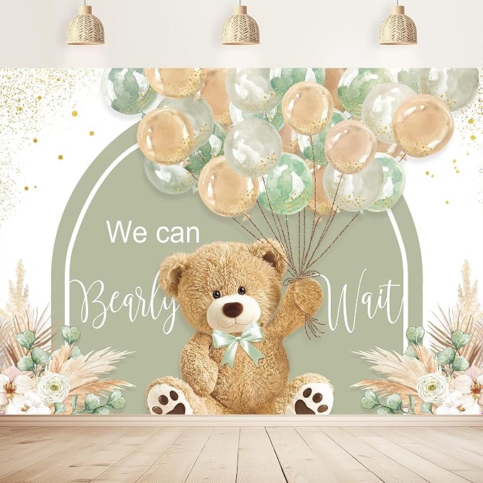 Bear Baby Shower Backdrop 7Wx5H Feet We Can Bearly Wait Green Brown Balloons Cartoon Kids Boys Pampas Grass Polyester Fabric Cute Photography Backgrounds Photo Shoot Decor Props Decoration