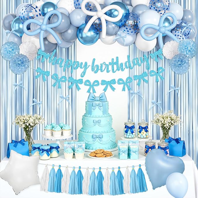 Light Blue Bow Birthday Party Decorations, Coquette Bow Blue and White Confetti Long Balloons Happy Birthday Banner Fringe Curtain Tassel Pompoms For Women Girls Theme Baby Shower Party Decorations