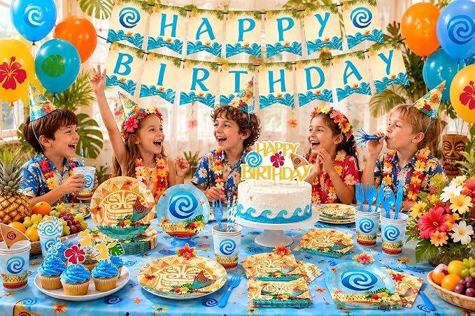 170PCS Tropical Birthday Party Decorations Set - Hawaiian Luau Tableware Set with Plates, Cups, Napkins, Cutlery, Tablecloth & Banner for Ocean Princess Party Supplies, Serves 24 Guests