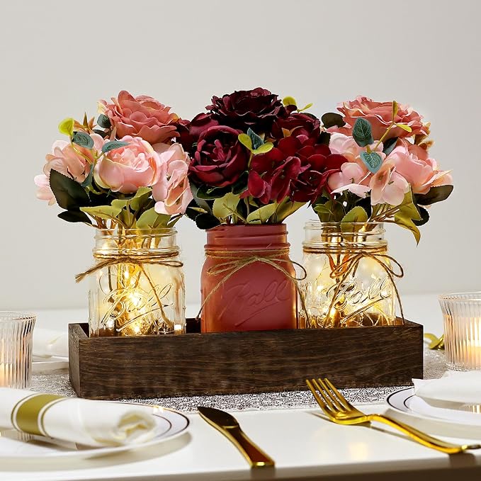Mason Jar Centerpiece for Table Kitchen Dining Room Decor with Light | 3 Piece Farmhouse Coffee Table Decor with Fake Flowers Wood Tray for Living Dining Room Bathroom Wedding Outdoor Decoration