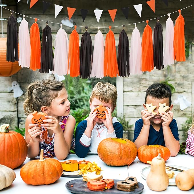 Black White Orange Halloween Party-Decorations - 23pcs Tissue Pom Poms Streamers,Tassel Garland Banner,Graduation 2026 Birthday Wedding Baby Bridal Shower Decor Bunting Lasting Surprise