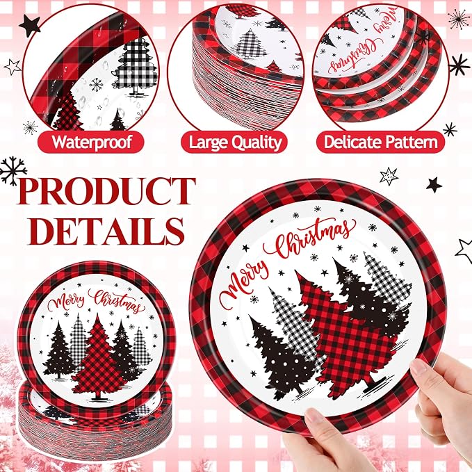 Funnymoom 60 Pcs Red Christmas Paper Plates 9 Inch Xmas Buffalo Plaid Tree Snowflake Disposable Plates Merry Christmas Tree Themed Tableware for Holiday Xmas Winter Party Decorations Supplies