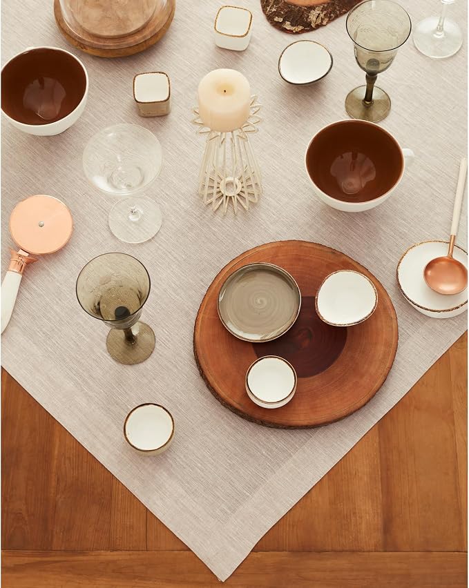 Solino Home Light Natural Linen Tablecloth 52 x 52 Inch - 100% Pure Linen Square Table Throw - Athena, Machine Washable Tablecloth for Summer