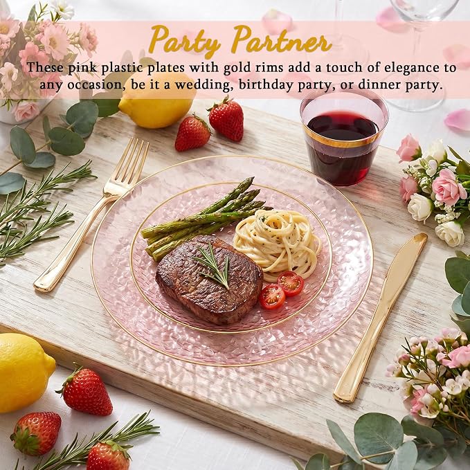 175PCS Pink Plastic Plates for 25 Guests, Disposable Plates for Party, Heavy Duty Disposable Plate Set Include: 25 Dinner Plates, 25 Dessert Plates, 25 Cups and Cutlery for Mother's Day