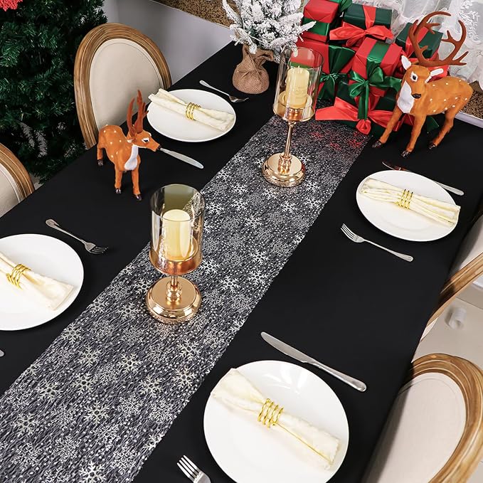 Snowkingdom 2 Pcs Christmas Snowflake Silver Table Runner 108 Inch Sparkly Silver Glitter Metallic Runners Decorations for Seasonal Winter Festival Holiday Home Party