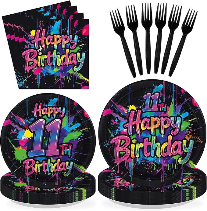 96 Pcs Neon Graffiti 11th Birthday Party Supplies Colorful Paint Splatter Plates and Napkins Neon Splatter Tableware Set for Boys Girls Birthday Retro Paint Party Supplies, Serves 24