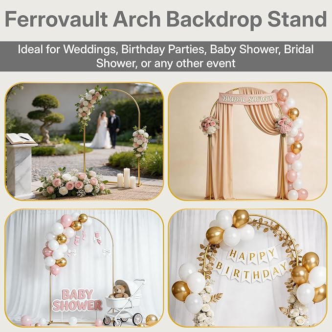 7.2FT Gold Metal Arch Backdrop Stand for Weddings, Birthdays & Garden Decor, Semicircle Frame, Sturdy Powder-Coated Metal, Easy to Assemble, Indoor & Outdoor Use