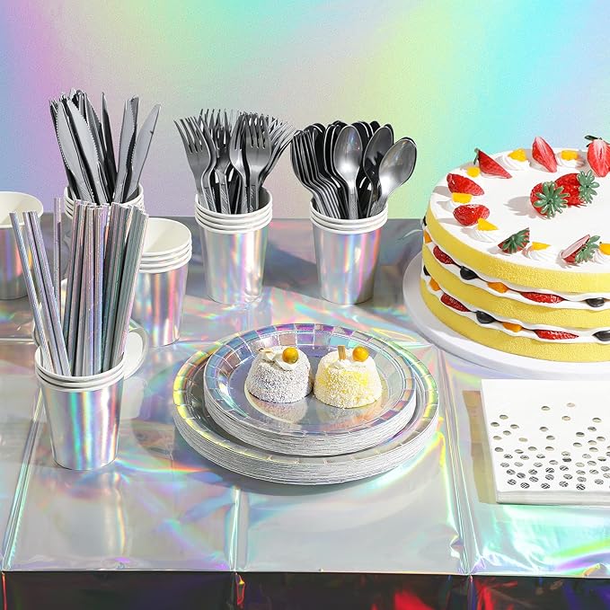 Iridescent Party Supplies Decorations, Holographic Paper Plates and Napkins Set, Disposable Iridescent Paper Plates Cups Knives Spoons Fork Straw for Mermaid Birthday Wedding Party, Serve 50