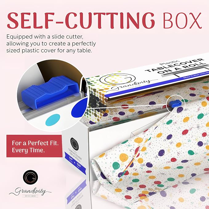 Grandipity Plastic Tablecloth Roll - 54in x 100 Ft. Happy Birthday Plastic Table Cloths Disposable with Cutter Box - Cut to Size Disposable Tablecloth Table Cover for Rectangle & Round