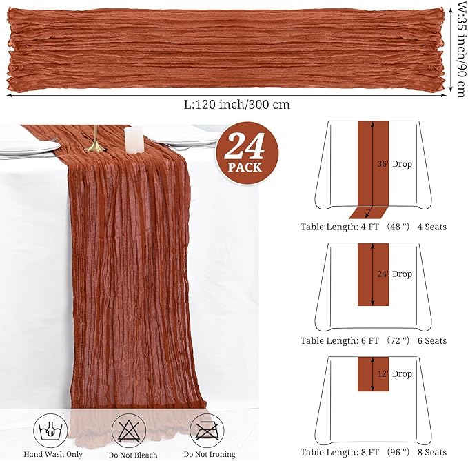 24 Pack Terracotta Cheesecloth Table Runner,10FT Boho Gauze Table Runner,35x120inch Rustic Table Runners for Wedding Party Bridal Shower Thanksgiving Christmas Boho Table Decoration