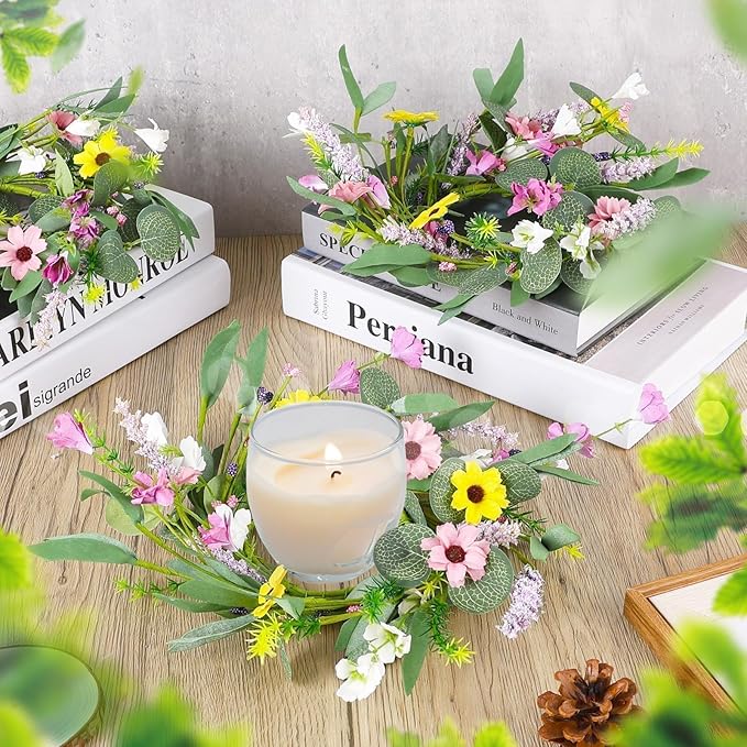 6 Pcs 9" Small Spring Wreath for Kitchen Cabinet Floral Wedding Candle Rings Wreaths Spring Summer Wildflower Wreath with Ribbon for Pillars Front Door Porch Wall Window Farmhouse Party Home Decor