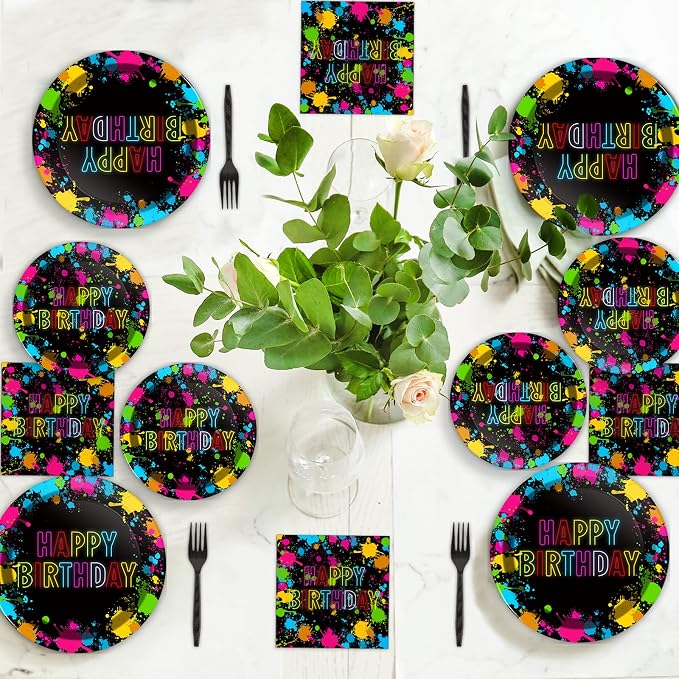 chiazllta 96 Pcs Neon Party Paper Plate and Napkins Neon Birthday Party Decorations Glow in the Dark Birthday Paper Supplies Disposable Glow Tableware for Party Favors 24 Guests