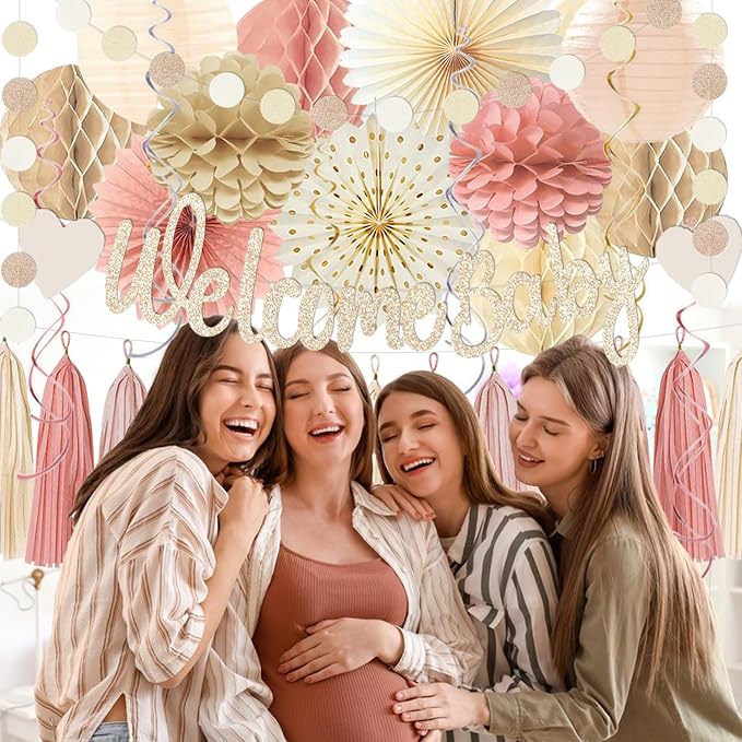 Dusty Pink Boho Baby Shower Party-Decorations Beige Champagne Girl Welcome Baby Banner Décor With Honeycomb Balls Paper Flowers Lanterns Pompom Fans Hanging Swirls Tassel Garland Party Backdrop
