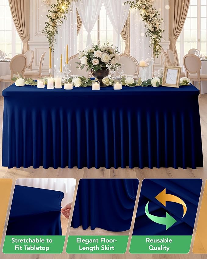 6 Pack Spandex Table Cover Skirts for 6ft Rectangle Tables, Navy Blue Stretch Table Cloths with Floor-Length Ruffle, Elastic Fitted Skirted Tablecloth for Elegant Wedding Banquet Party Buffet Deco