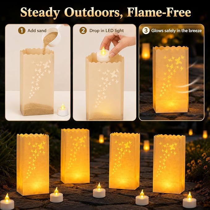 AceList 50 Butterfly Luminary Bags with 50 Flameless LED Tea Lights | Butterfly cutout, warm flickering amber light, reusable & flame-free, for weddings, garden parties, walkways & outdoor decor