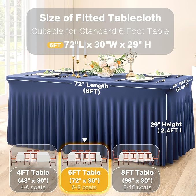 6 Pack Spandex Navy Blue Tablecloths for 6 Foot Rectangle Tables, Wrinkle Free Fitted Table Cloth 6ft Stretchy Table Skirt Cover for Parties Weddings Birthday Banquet Baby Shower