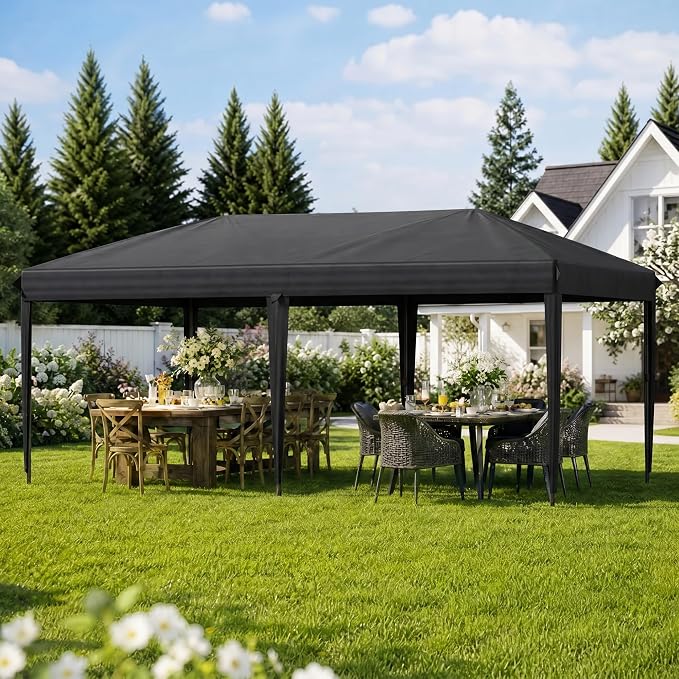 10x20 Pop Up Canopy Without Sidewalls, Instant Tent with Carry Bag, Sandbags, Height Adjustable Waterproof Outdoor Canopy, Outdoor Canopy for Events, Camping, Parties (Black)