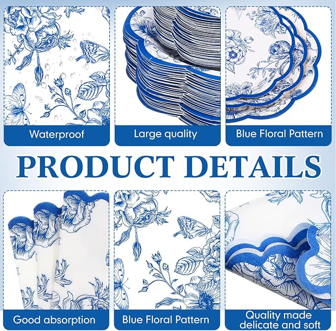 Funnymoom 200 Pcs Blue White Floral Party Tableware Flower Birthday Disposable Paper Dinner Dessert Plates Blue Floral Napkins for Baby Shower Bridal Shower Wedding Party Family Holiday 50 Guests