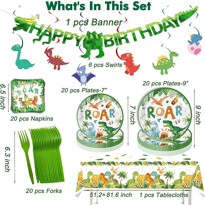 Dinosaur Birthday Party Supplies with Banner, 20 Serves Dinosaur Disposable Tableware Set with Plates, Forks, Napkins, Swirls,and Cutlery Sets for Dinosaur Themes Party Kids Years