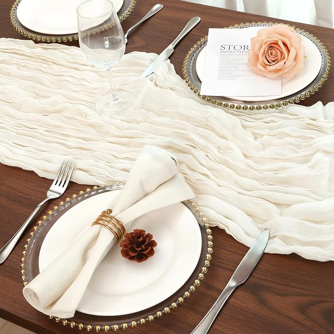 6 Pack Ivory White Cheesecloth Table Runner 120 Inch 10FT Cheese Cloth Fabric Runners for Football Theme, Wedding Decoration, Banquet, Boho Decor