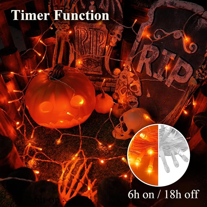 QITONG 2 Pack Orange Battery Operated Halloween Lights, Each 33ft 100 LED String Lights Outdoor Waterproof with Remote, Clear Wire Christmas Twinkle Lights with 8 Modes Indoor