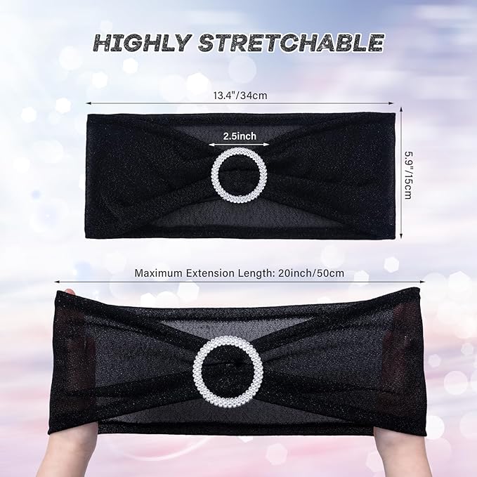 SquarePie Pack of 10 Black Chair Sashes Bows with Buckle Slider Universal Elastic Spandex Bands Ties for Banquet Event Decor