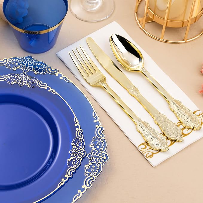 Bestluck 175PCS Clear Blue Plastic Plates for 25 Guests, Disposable Plates with Gold Trim include 25 Dinner and Dessert Plates, 75 Gold Silverware, 25 Cups, 25 Napkins for Party, Wedding & Graduation
