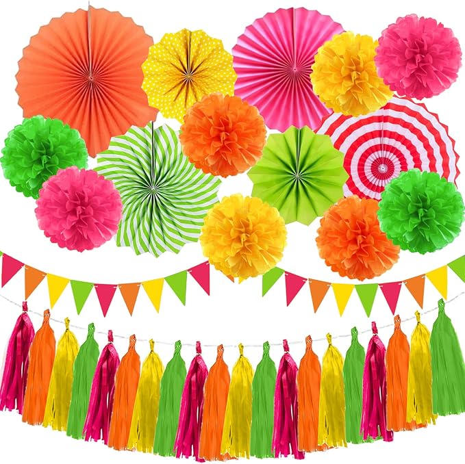 Hawaiian Luau Party Decorations Set Neon Colored Party Hanging Paper Fan Birthday Tissue Pom Poms Streamers Summer Party Supplies Tassel Garland Banner