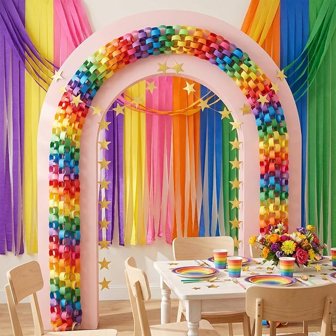 1000 Sheet Paper Chain Strips and Star Garland Set, Rainbow Paper Chains and 65 ft Gold Stars Decor with 492 ft Crepe Paper Streamers for DIY Crafts Pride Month Birthday Wedding Theme Party