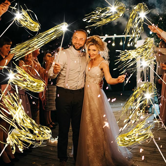 Drixbor 100 PCS Light Up Wedding Wands - LED Tinsel Streamers for Wedding Send Off & Grand Entrance, Party Favors for Weddings Birthdays Christmas (Gold)