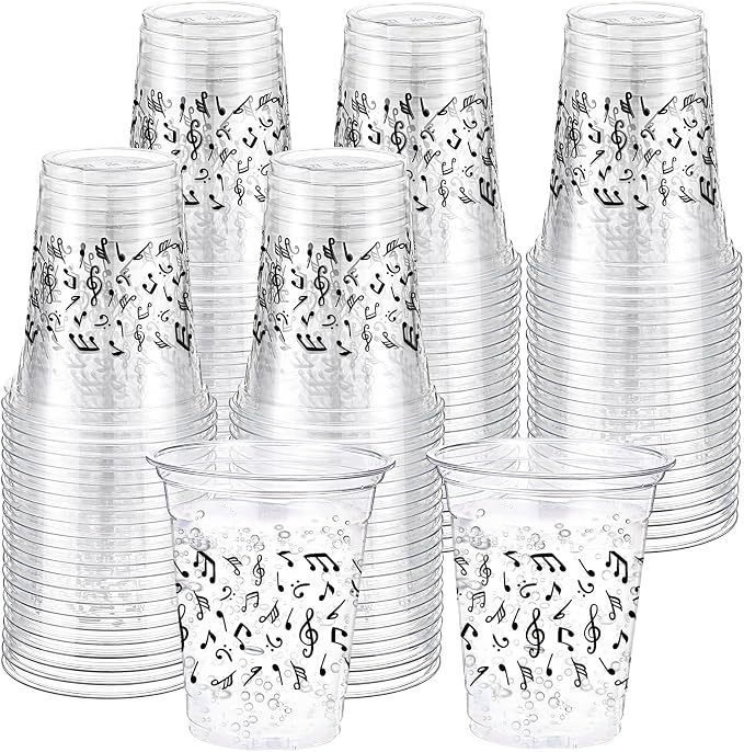 Funnymoom 60 Pack Music Notes Cup 12 oz Disposable Clear Plastic Musical Cups for Men Women Music Birthday Party Decorations Favors Wedding Anniversary