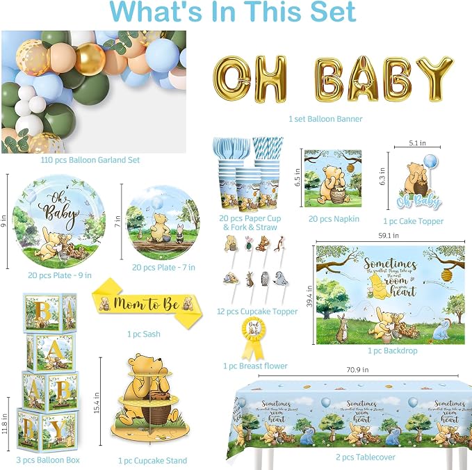 Classic Bear Baby Shower Decorations Boy, Blue Baby Shower Decorations Balloons and Baby Boxes, Backdrop, Dinnerware Set, Cake Toppers with Stand, Mom to Be Sash, Baby Shower Decor