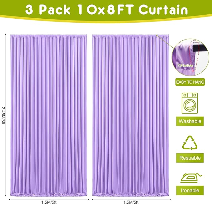 Wokceer Lavender Purple Backdrop Curtain for Wedding Parties 3 Pack 10x8FT Wedding Curtains Photo Backdrop Drapes Polyester for Photoshoot Baby Shower Birthday Party Background 6 Panels 5x8FT