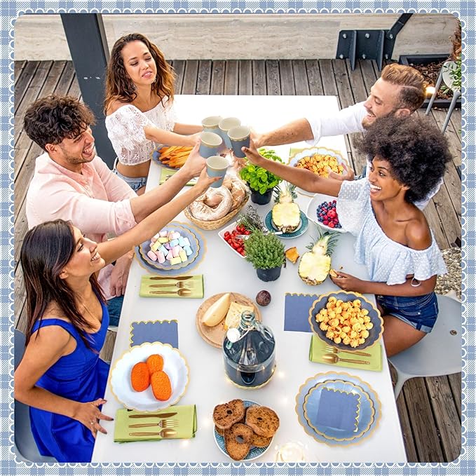 Mimorou 169 Pcs Dusty Blue Plates and Napkins Party Supplies for Guests Blue Tableware Include Scalloped Plates Paper Napkin Cup Spoon Fork Knife for Baby Shower, Wedding, Birthday