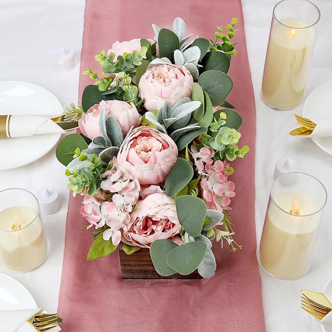 Pink Floral Centerpieces for Table, Pre-Made Artificial Peonies Hydrangea Centerpieces for Dining Table Wood Fake Flower Decorations for Wedding Living Room Party Bar Kitchen Table