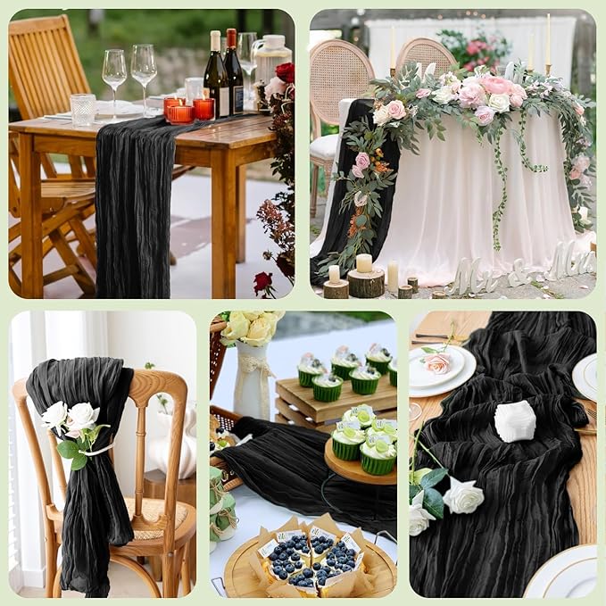 Wokceer Cheesecloth Table Runner Christmas 12Pack 10FT Black Boho Gauze Cheese Cloth Table Runner for Party Long Rustic Sheer Table Runners for Baby Bridal Shower Wedding Easter Table Decor