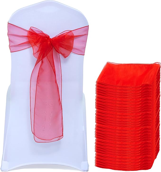 MDS® Pack of 150 Organza Chair Sashes for Wedding Decoration, Reusable Sheer Chair Bows for Banquet Chair Cover, Reception, Bridal Shower, Baby Shower, Birthday Party & Special Events - Red