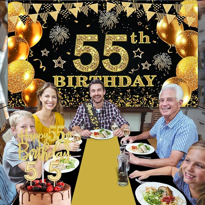 55th Birthday Decorations for Men Women with 55th Birthday Banner, Black and Gold Table Cloth, Number Balloons, Large Sash, Cake Topper and Candles