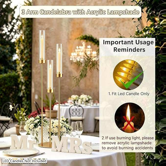 4pcs Gold Candelabra Centerpieces for Wedding Tables, 33.8'' Tall 3 Arm Candle Holder with Acrylic Lampshade for Wedding, Party, Events, Christmas & Halloween Home Decor, Fit LED Taper Candles