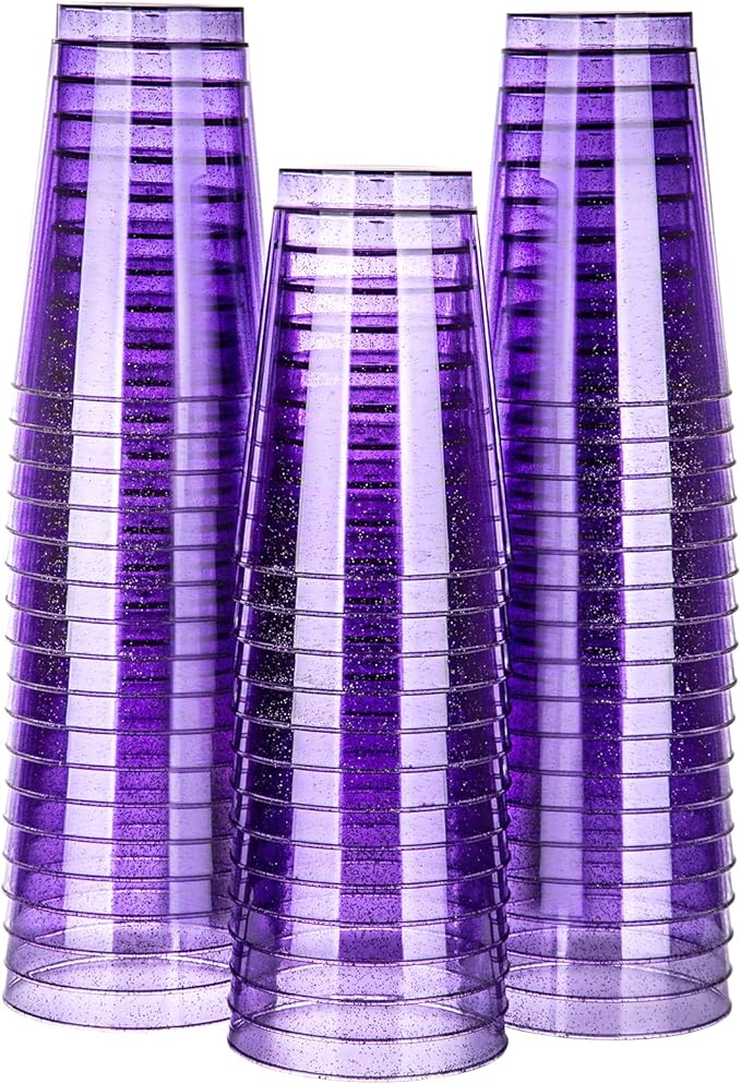 Homy Feel 12 Oz Purple Glitter Plastic Cups - 50PCS Disposable Cocktail & Wine Cups for Wedding Party