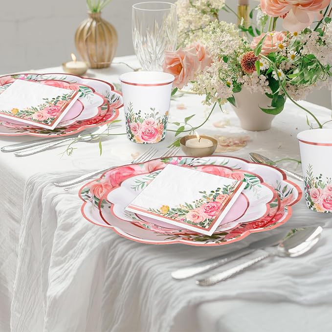 Whaline Floral Tableware Set Pink Flower Rose Gold Foil Disposable Party Supplies Scalloped Plates Paper Napkins Cups for 25 Guests Spring Wedding Bridal Baby Shower Birthday