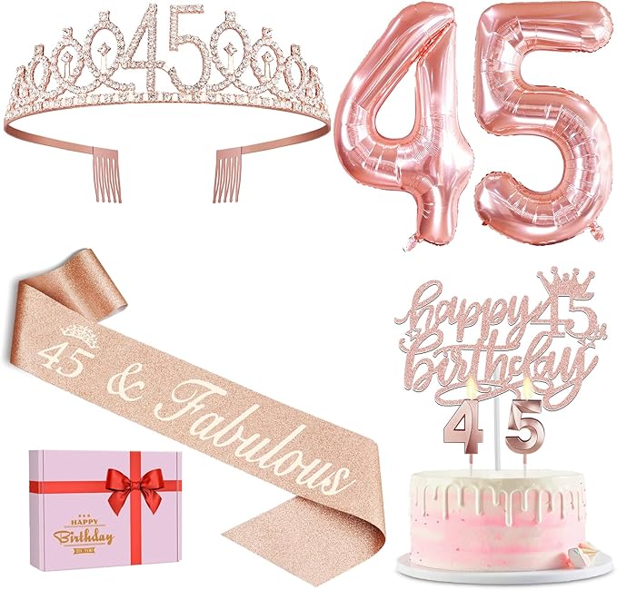 45th Birthday Decorations for Women, Include 45th Birthday Sash and Tiara, Cake Topper and Candles, Number Balloons, 45 Year Old Gifts for Women