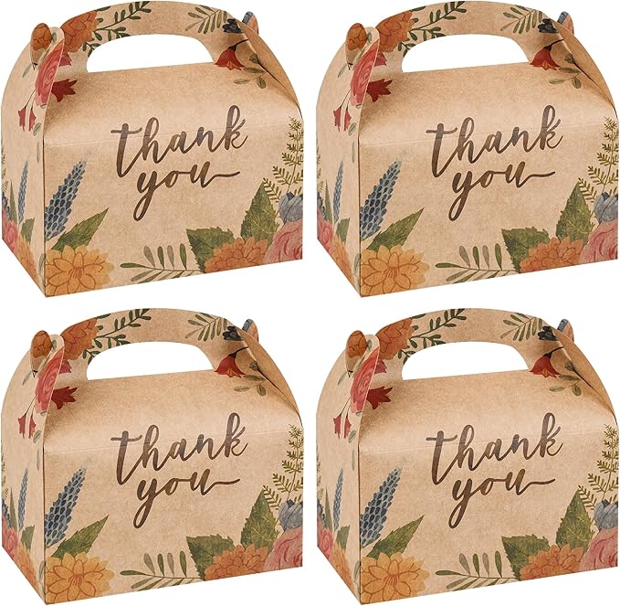 DjinnGlory 36 Pack Brown Kraft Party Favor Treat Boxes for Wedding, Bridal Shower, Annivesary, Christmas and all Occasion, Floral Thank You Gable Boxes for Small Business 6.18x3.58x3.39 Inches