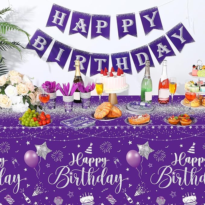 Vesici 171 Pcs Happy Birthday Party Supplies 24 Set Disposable Party Tableware include Plates Cups Napkins Cutlery and Banner Tablecloth Birthday Dinner Decorations for Men Woman(Purple, Silver)