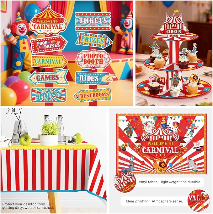 Cocomigo 302 PCS Circus Theme Party Decorations, All-in-One Carnival Theme Party Decorations Set with 25pcs Plates, Napkins, Tablecloths, Banner, Balloon Arch Circus Party Decorations for Girl & Boy