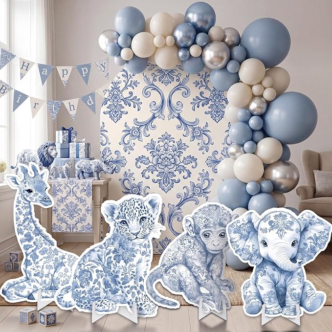 Honoson 4 Pcs 24.6" x 29.3" Large Blue Safari Toile De Jouy Baby Shower Decoration Cardboard Cutouts, Blue Floral Jungle Animal Yard Signs Standee for Wild One Birthday Party Supplies Gender Reveal