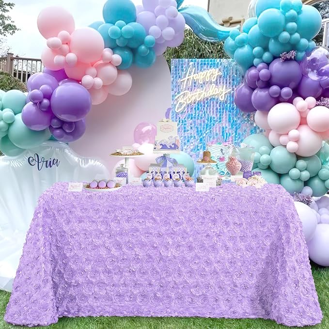 Fanqisi 3D Floral Satin Tablecloth Rectangular Lavender Table Cover 90x156 Inches Rosette Table Cloth for Birthday Party Decorations