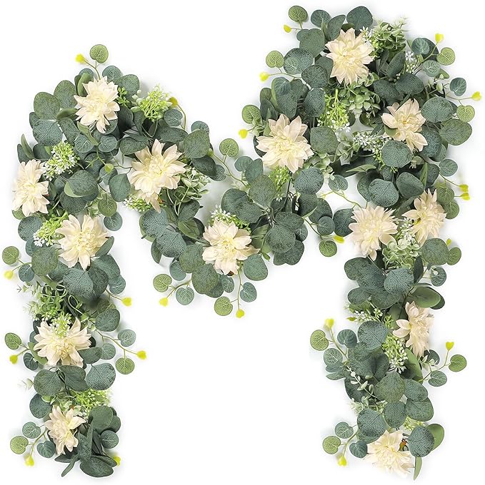 Dremisland Artificial Flower Garland 2 Pack 12Ft Champagne Dahlia Flower Vines Hanging Floral Eucalyptus Greenery Garland Decoration for Wedding Arch Bedroom Home Wall Backdrop Room Decor