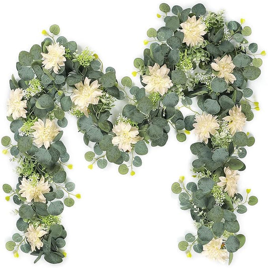 Dremisland Artificial Flower Garland 2 Pack 12Ft Champagne Dahlia Flower Vines Hanging Floral Eucalyptus Greenery Garland Decoration for Wedding Arch Bedroom Home Wall Backdrop Room Decor
