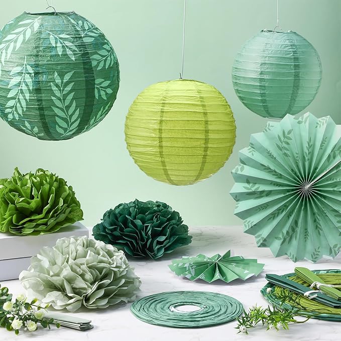 Soulchen 18 Pcs Greenery Classroom Decor Sage Green Paper Lanterns Set Classroom Ceiling Hanging Decorations Hanging Greenery Tissue Pom Poms Fans Decor for Neutral School Boho Birthday Party